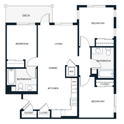 A black and white image of a house floor plan with a deck, two bedrooms, a living room, a dining area, a kitchen, two bathrooms, and two closets.